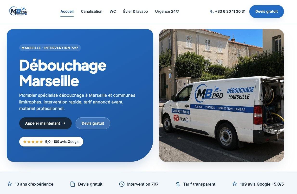 Capture des résultats : MB Pro, entreprise de débouchage à Marseille